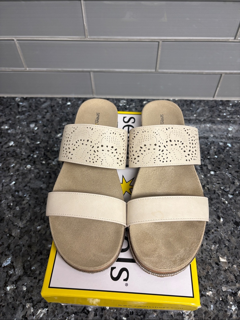 Seven Dials Women’s Cream Double-Strap Slide Sandals with Laser-Cut Detail 8.5